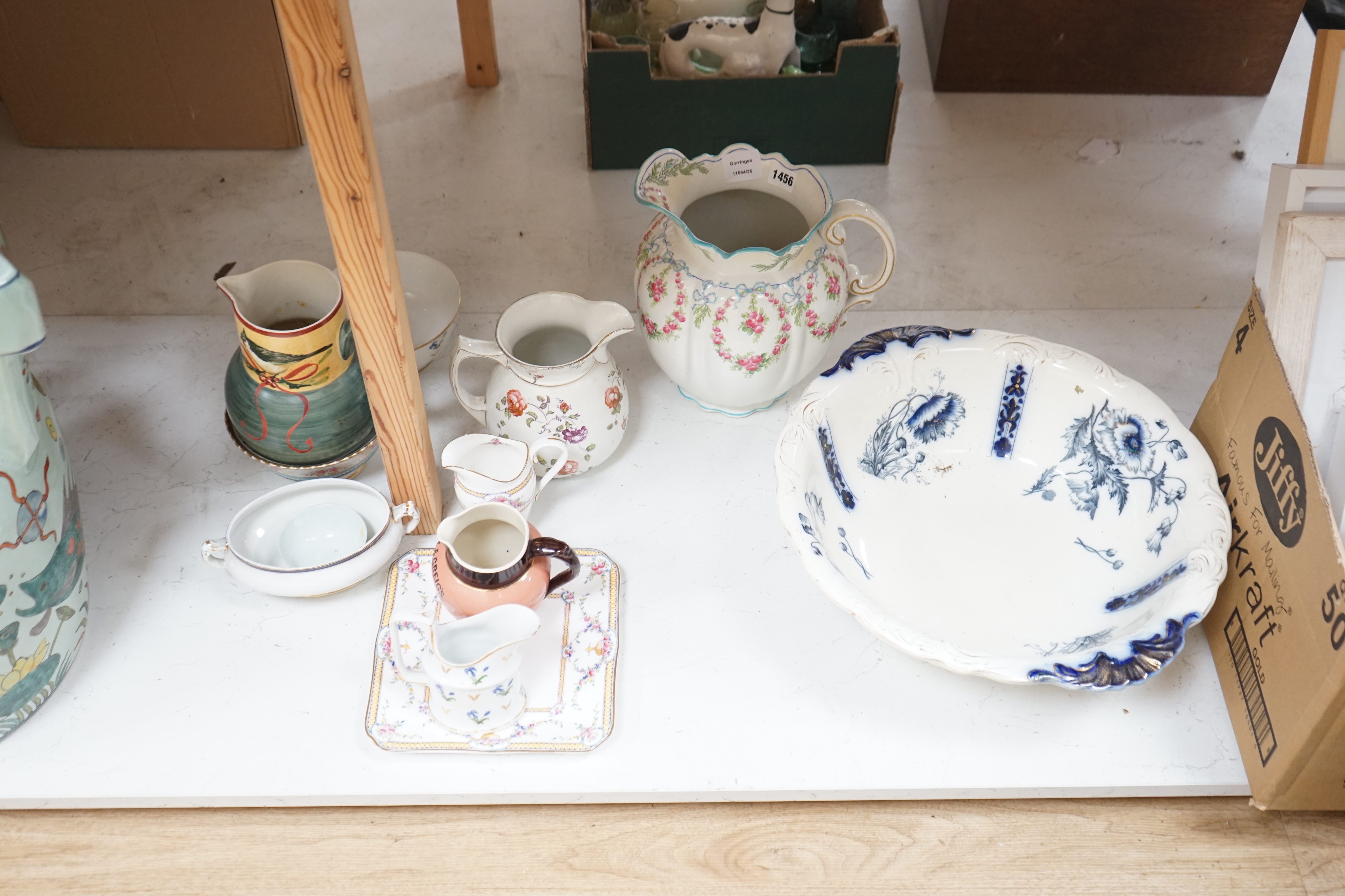 A group of assorted Victorian ceramics including pair of Winton jugs and blue and white wash basin, largest 46cm diameter